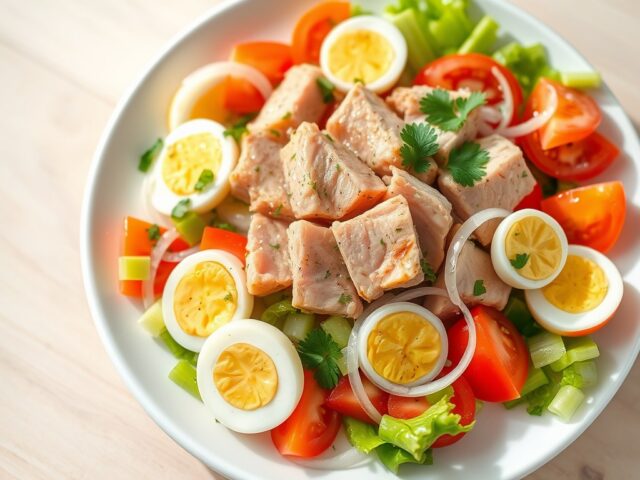 Tonijn met gemarineerde tomaten en hardgekookte ei