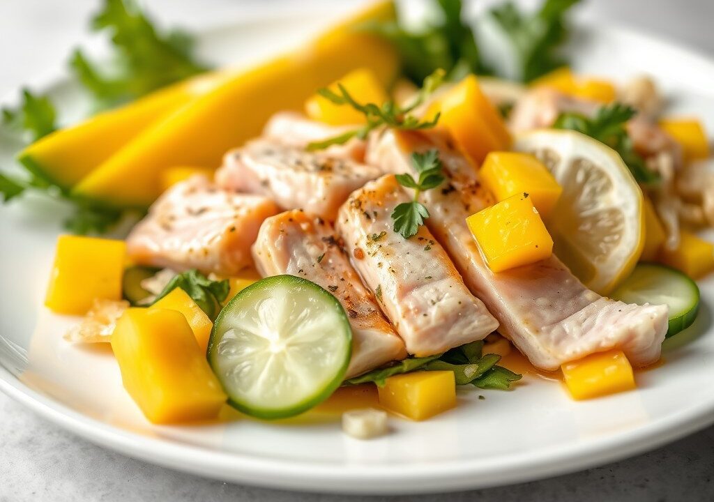 Tonijn met mangosalade en citroenvinaigrette — AI-gegenereerde illustratie