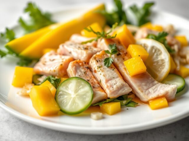 Tonijn met mangosalade en citroenvinaigrette — AI-gegenereerde illustratie