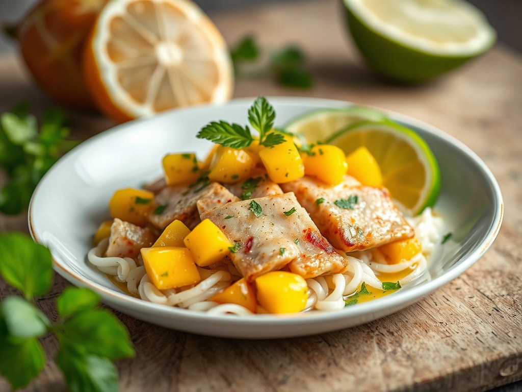 Tonijn met pittige mangosalsa, AI-gegenereerde illustratie