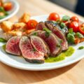 Tonijnfilets met salade van kerstomaatjes, geroosterd brood en basilicumsaus