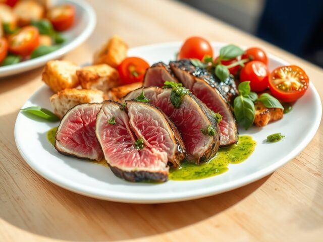 Tonijnfilets met salade van kerstomaatjes, geroosterd brood en basilicumsaus