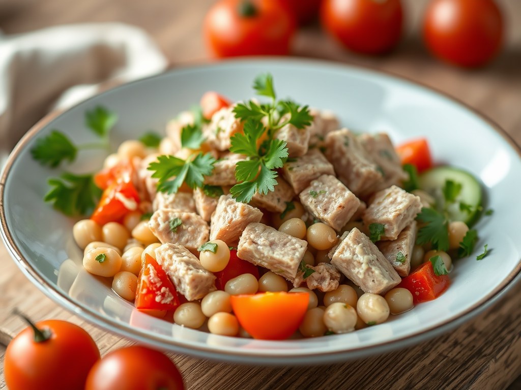Tonijnsalade met bonen en ansjovis, AI-gegenereerde illustratie