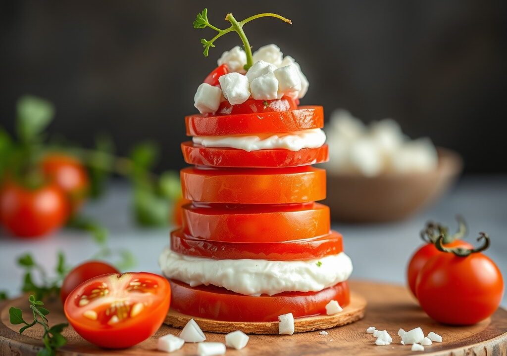 Torentje van tomaten en geitenkaas, AI-gegenereerde illustratie