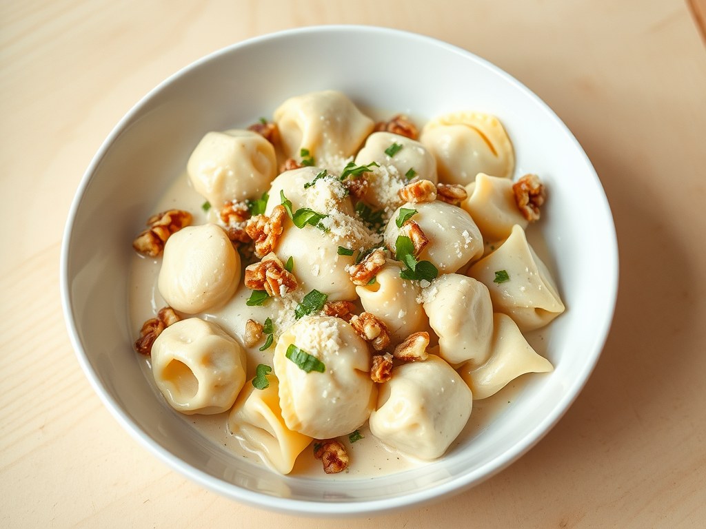 Tortellini met supersnelle walnoot – mascarpone saus, AI-gegenereerde illustratie