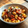 Tortellini traditionale met roerbakgroenten;worst