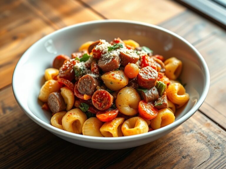 Tortellini traditionale met roerbakgroenten;worst