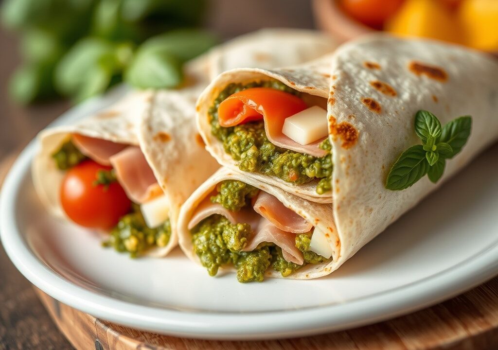 Tortilla wrap pesto, kaas en parmaham, AI-gegenereerde illustratie