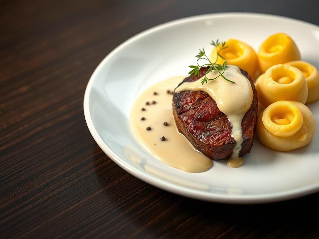 Tournedos met bearnaise en pommes duchesse, AI-gegenereerde illustratie