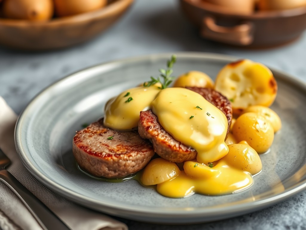 Tournedos met bearnaise en pommes duchesse, AI-gegenereerde illustratie