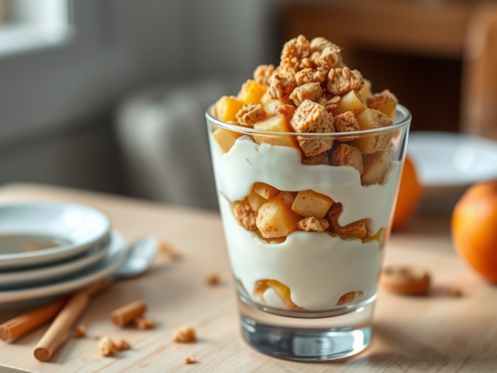 Trifle van plattekaas met appeltjes, AI-gegenereerde illustratie