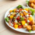 Tropische fruitsalade met rauwe ham