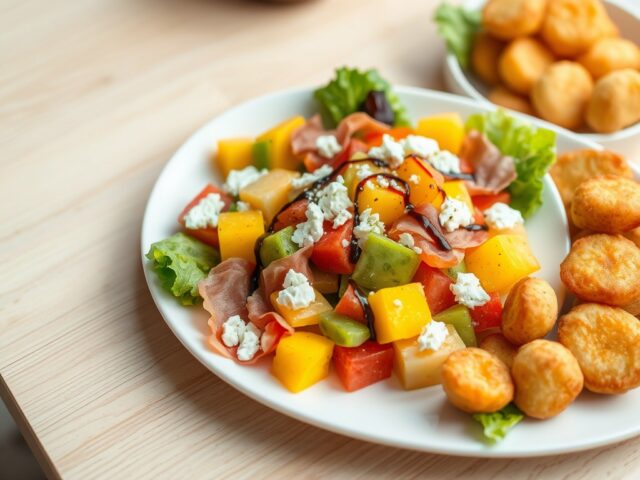 Tropische fruitsalade met rauwe ham