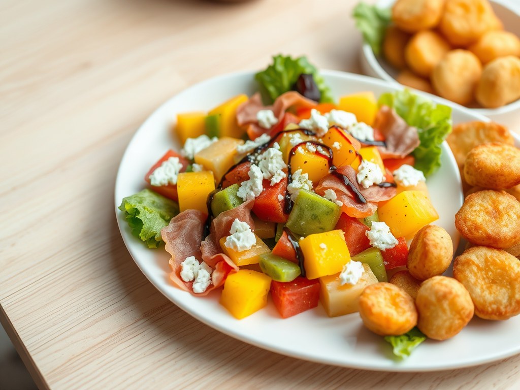 Tropische fruitsalade met rauwe ham, AI-gegenereerde illustratie