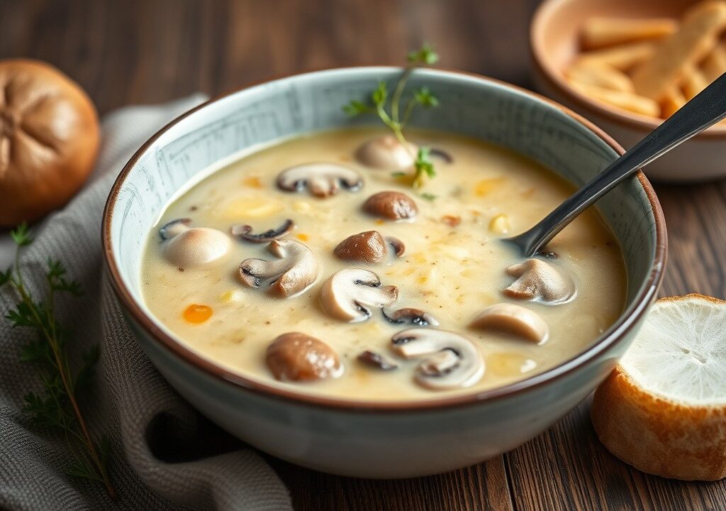 Tuinkruidensoep met champignons en bosuitjes, AI-gegenereerde illustratie