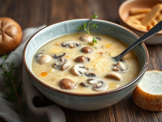 Tuinkruidensoep met champignons en bosuitjes