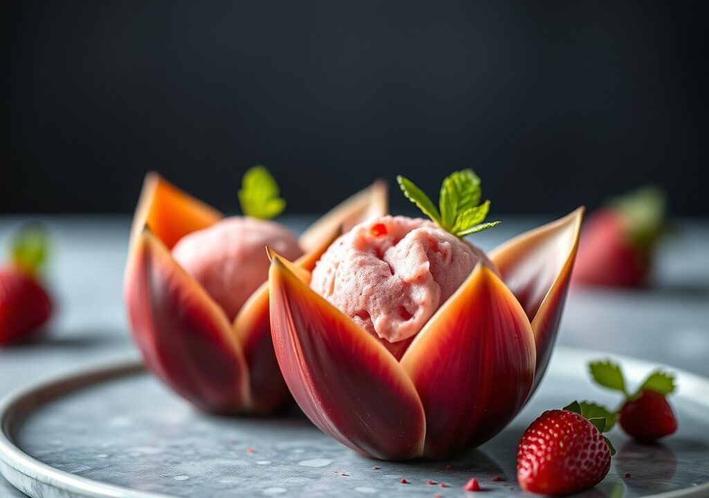 Tulpje gevuld met ganache en aardbeiensorbet, AI-gegenereerde illustratie