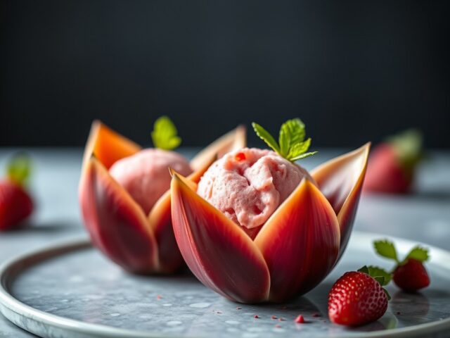 Tulpje gevuld met ganache en aardbeiensorbet