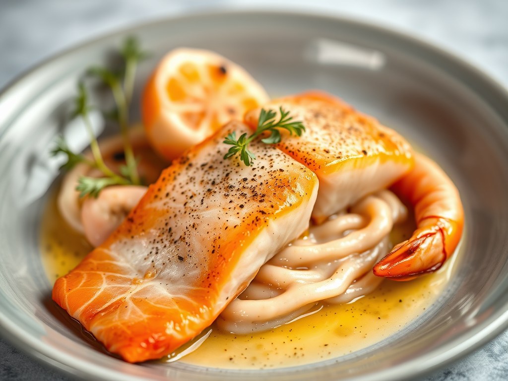 Turban van Zeetong,Zalm en Langoustine in Riesling, AI-gegenereerde illustratie