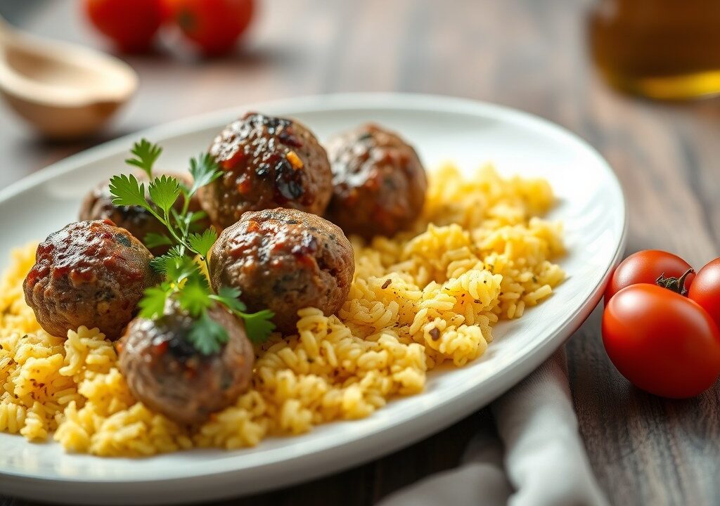 Turkse gehaktballetjes met saffraanrijst, AI-gegenereerde illustratie