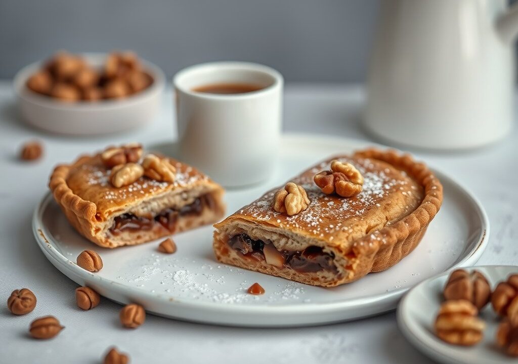 Turkse koffiekoek met abrikozen en walnoten, AI-gegenereerde illustratie