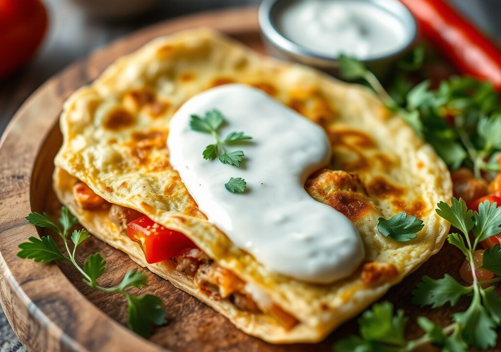 Turkse tortilla met yoghurtsaus, AI-gegenereerde illustratie