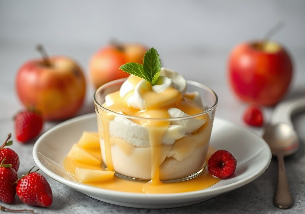 Tuttifrutti met appel-kaneelstroop en vanillesaus, AI-gegenereerde illustratie