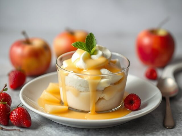 Tuttifrutti met appel-kaneelstroop en vanillesaus — AI-gegenereerde illustratie
