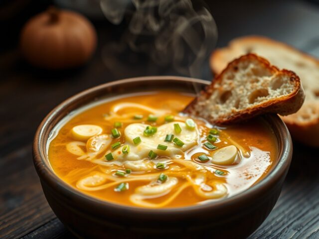 Uiensoep met bosuitjes en kaasbrood