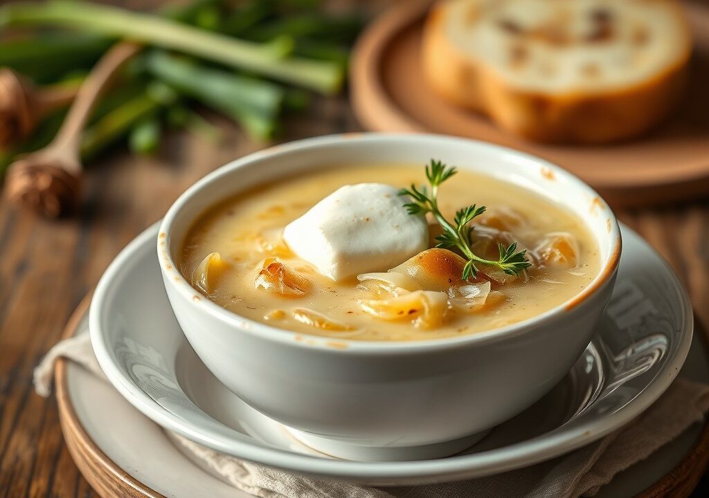 Uiensoep met brie — AI-gegenereerde illustratie