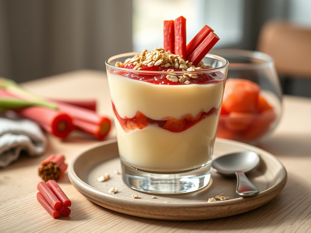 Vanillecrème met rabarbercompote en havermoutcrumble, AI-gegenereerde illustratie