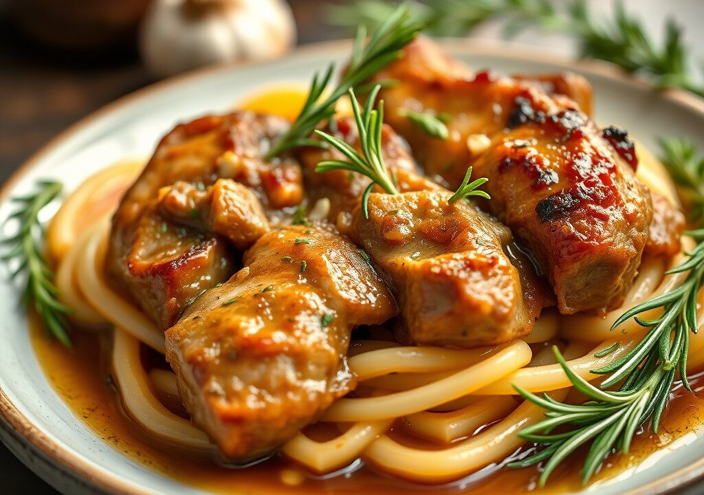 varkens braadstuk met 40 tenen knoflook, AI-gegenereerde illustratie