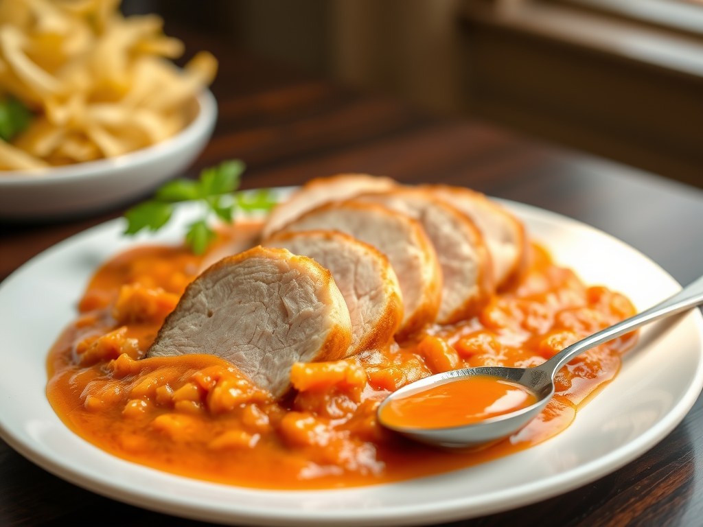 Varkensfilet in kerrie-tomatensaus, AI-gegenereerde illustratie