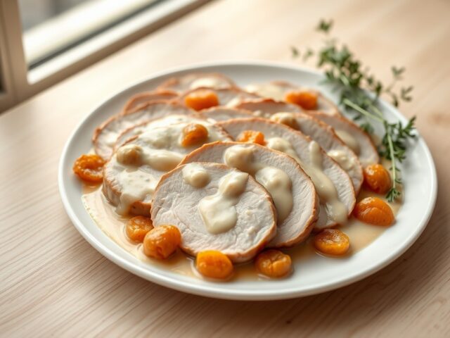Varkensfilet met abrikozen in witte wijnsaus