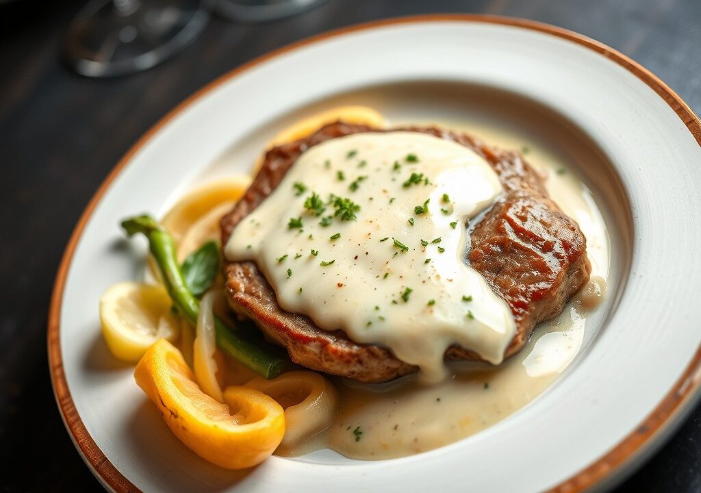 Varkensfilet met een passendale roomsaus, AI-gegenereerde illustratie