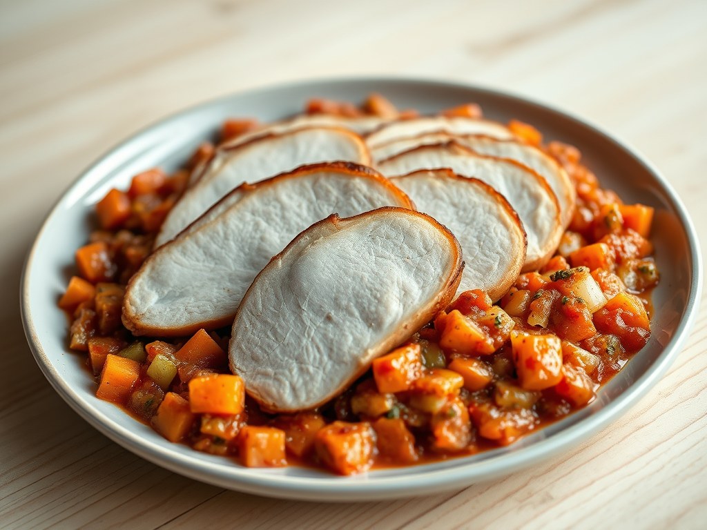 Varkensfilet met groentebolognese, AI-gegenereerde illustratie