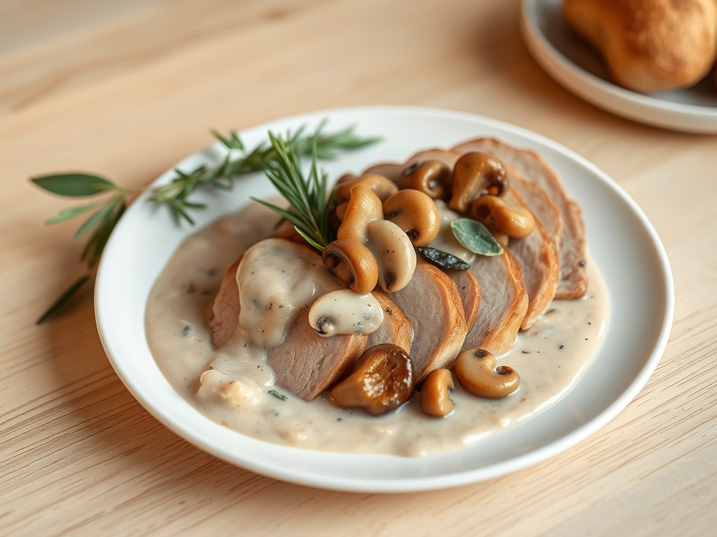 Varkensfilet met paddenstoelen, AI-gegenereerde illustratie