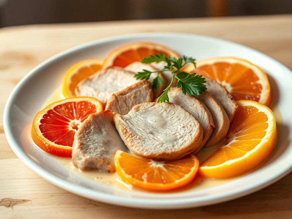 Varkensfiletlapjes met citrusfruit, AI-gegenereerde illustratie