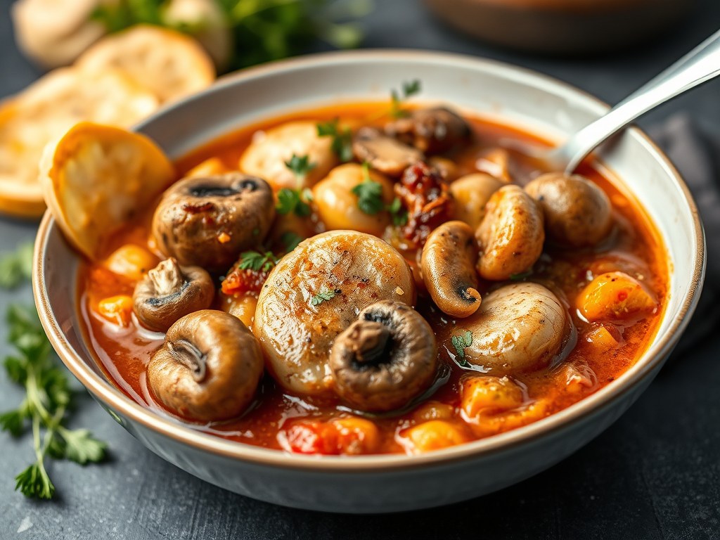 Varkensgoulash met champignons, AI-gegenereerde illustratie