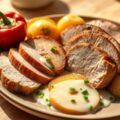 Varkenshaas met calvados appeltjes en gevulde paprika