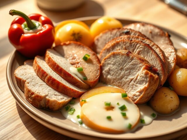 Varkenshaas met calvados appeltjes en gevulde paprika