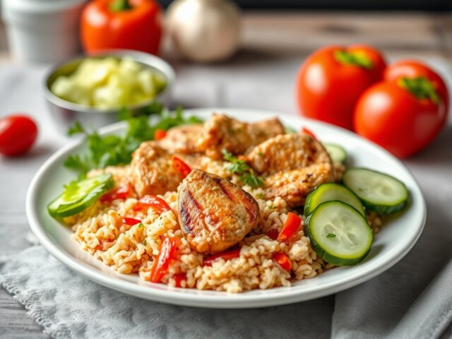 varkenshaas met paprika- rijst en komkommersalade — AI-gegenereerde illustratie