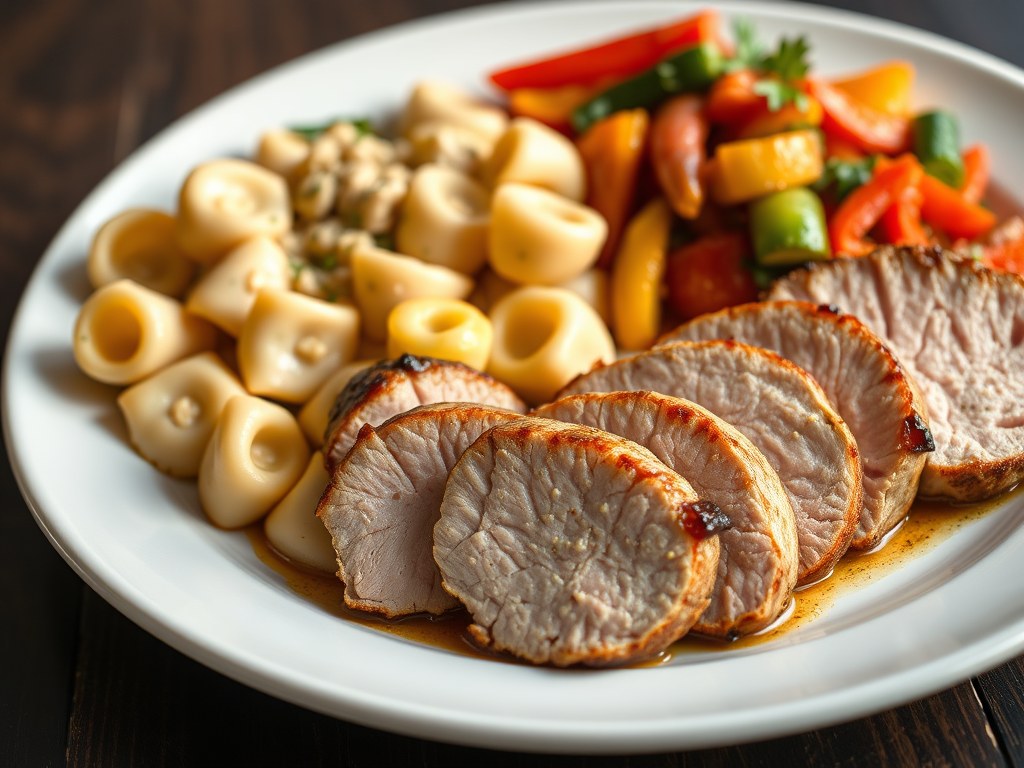 Varkenshaas met tortellini, AI-gegenereerde illustratie