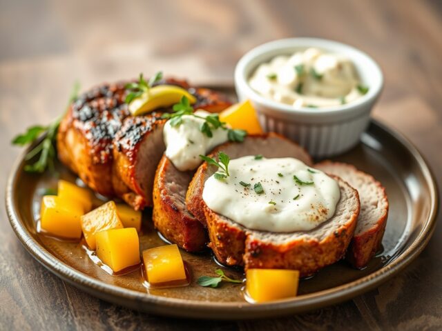 Varkenshaas met tropisch fruit en korianderyoghurt