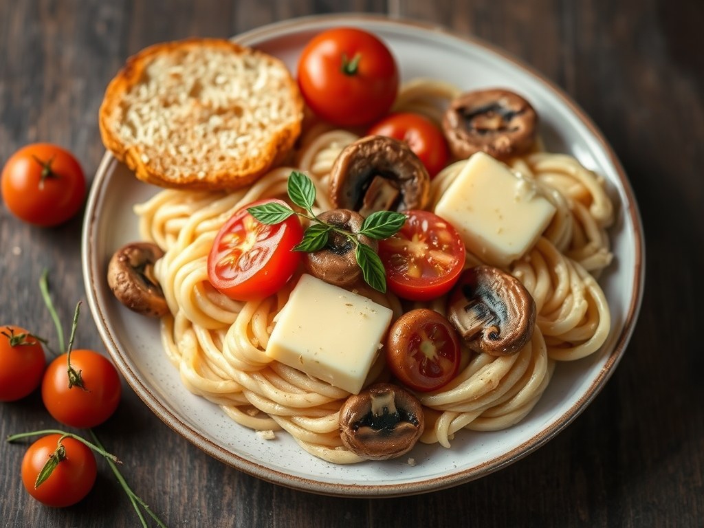 Varkenshaas met zongedroogde tomaat en champignons, AI-gegenereerde illustratie