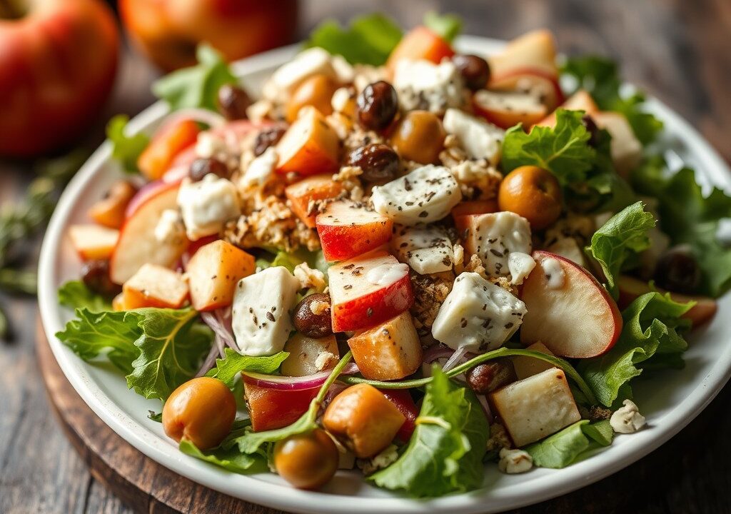 Varkenshaas salade met gorgonzoladressing, AI-gegenereerde illustratie