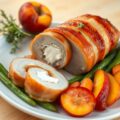 Varkenshaasje met bacon en perziken