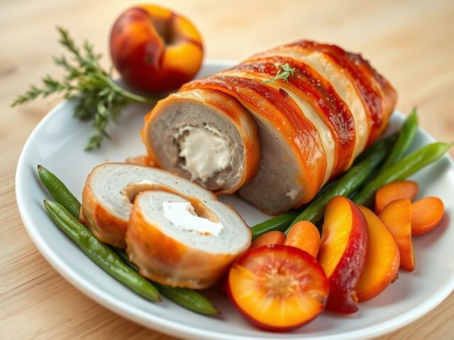 Varkenshaasje met bacon en perziken