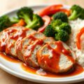 Varkenshaasje met ketchupsaus en rijst