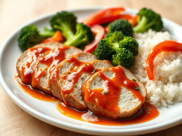 Varkenshaasje met ketchupsaus en rijst
